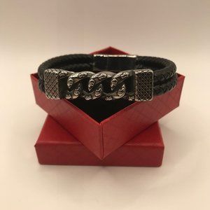 Men's Genuine Leather Stainless Steel Chain Link Bracelet NEW Size: 8.5 inches